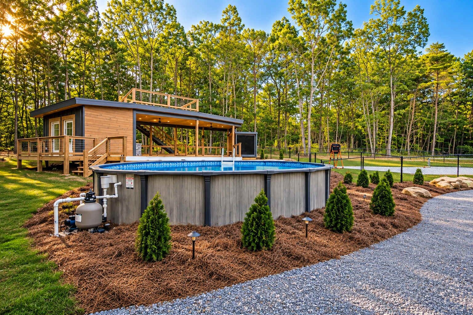 Una casa moderna con terraza de madera, piscina y jardín bien cuidado con árboles y arbustos.