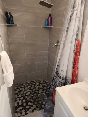 Hair dryer, towels, soap, shampoo
