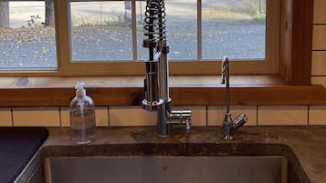 A kitchen with a stainless steel sink, a soap dispenser, and a window with a view of a road and trees.