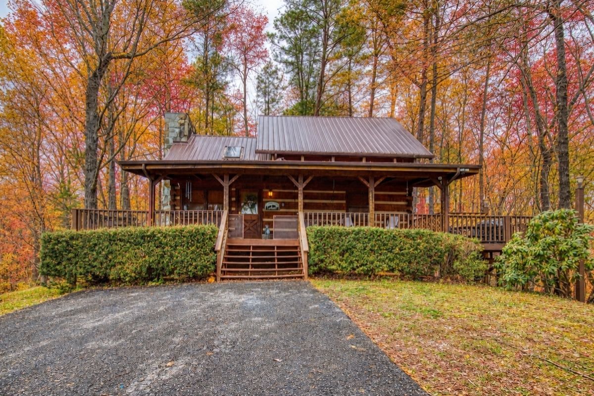 Une cabane dotée d’un porche, entourée d’arbres aux feuilles d’automne.