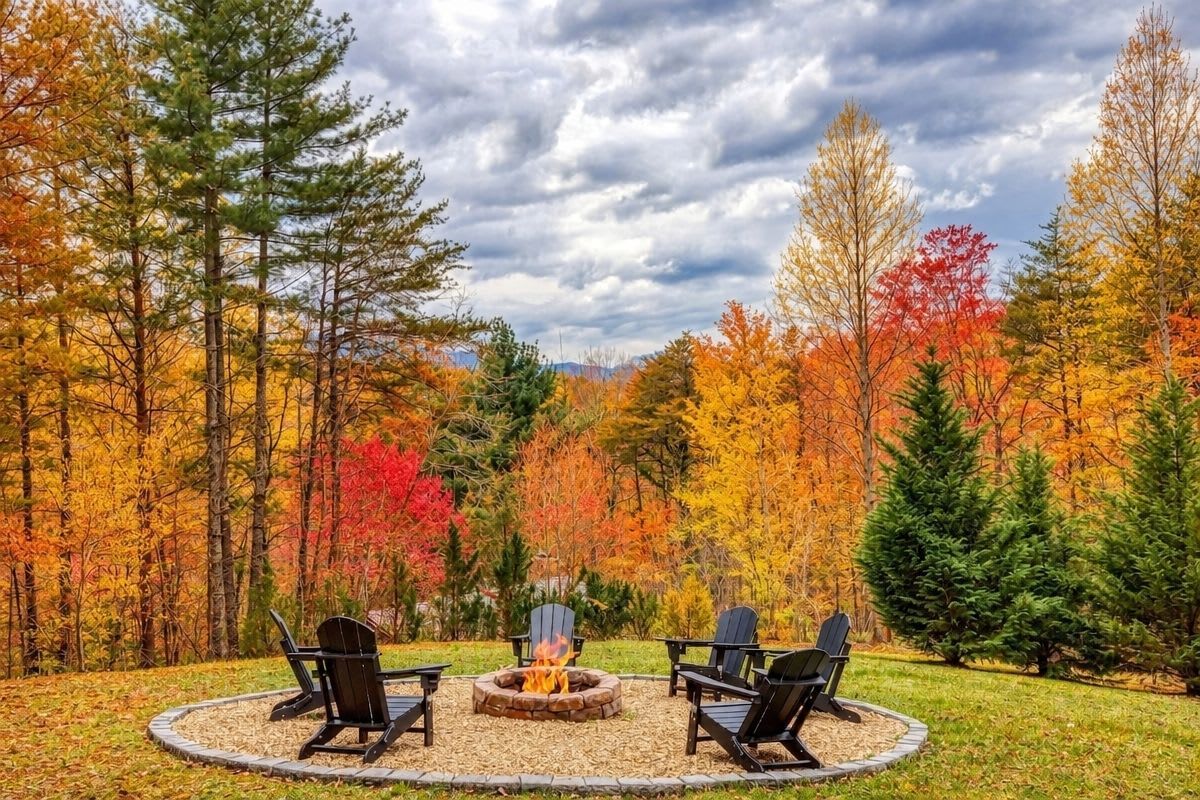 A circular outdoor seating area with a fire pit surrounded by chairs, set against a backdrop of autumn-colored trees.