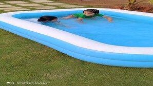 A small inflatable pool in a grassy area with a palm tree in the background. - Starlight Resort (Alibag)