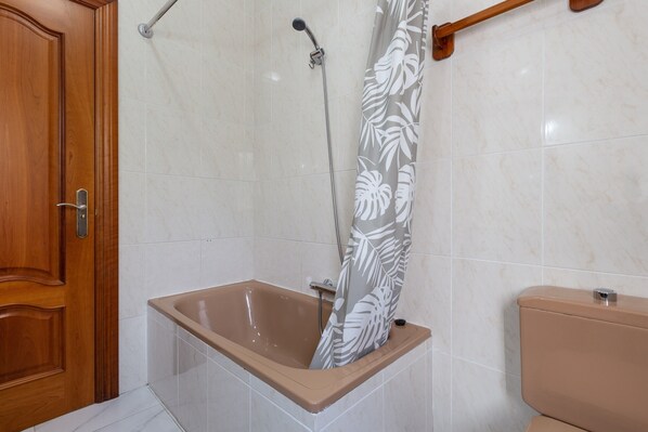 Baño con bañera, ducha, inodoro y puerta de madera.