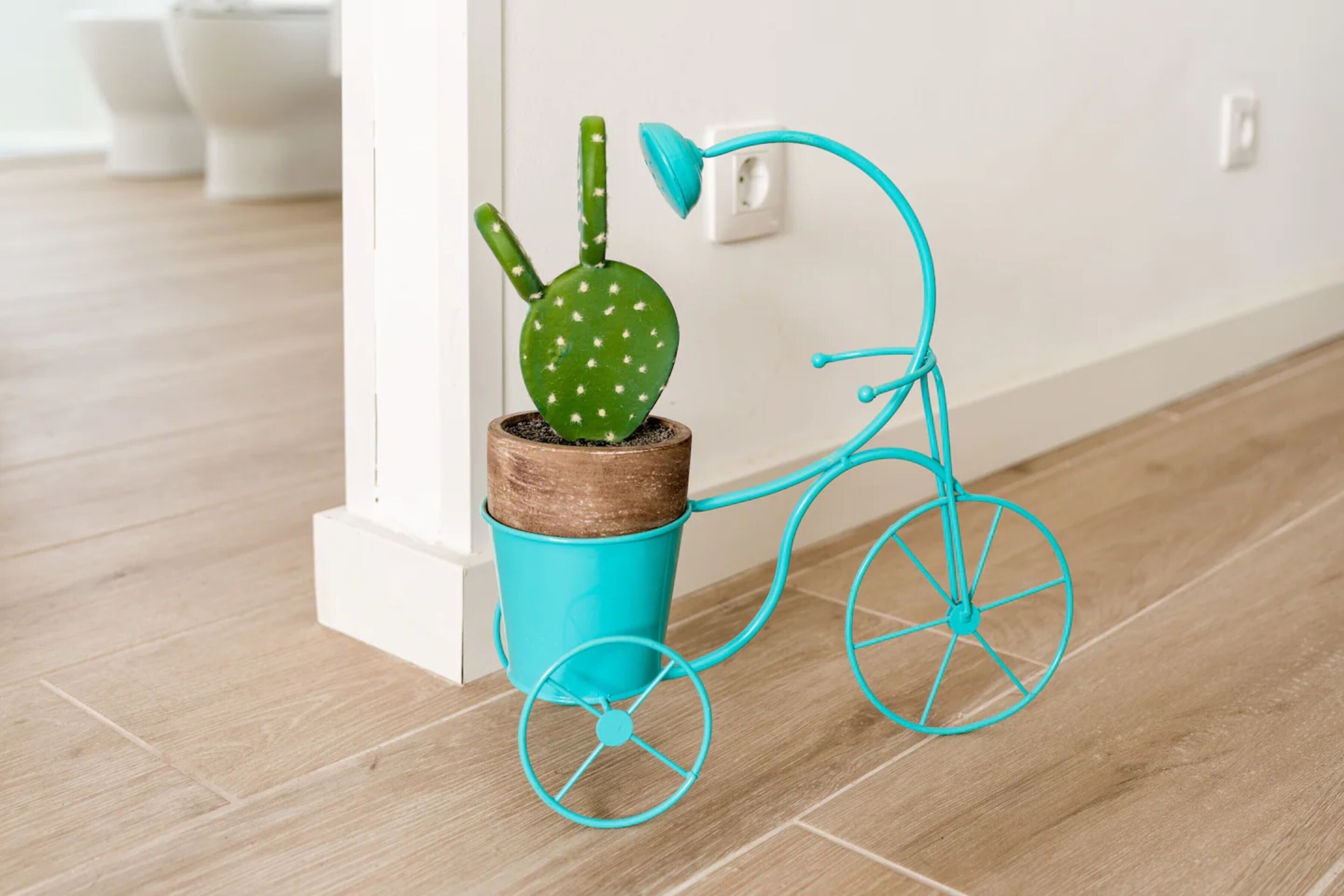 Un cactus en una maceta azul con diseño de bicicleta, sobre un piso de madera.