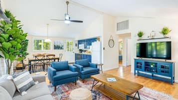 TV, fireplace, books, stereo