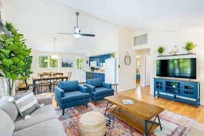 TV, fireplace, books, stereo