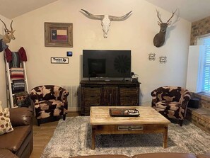 Smart TV, chimenea y libros 
