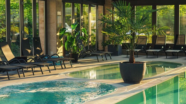 Una piscina interior con sillas de descanso y plantas en macetas.