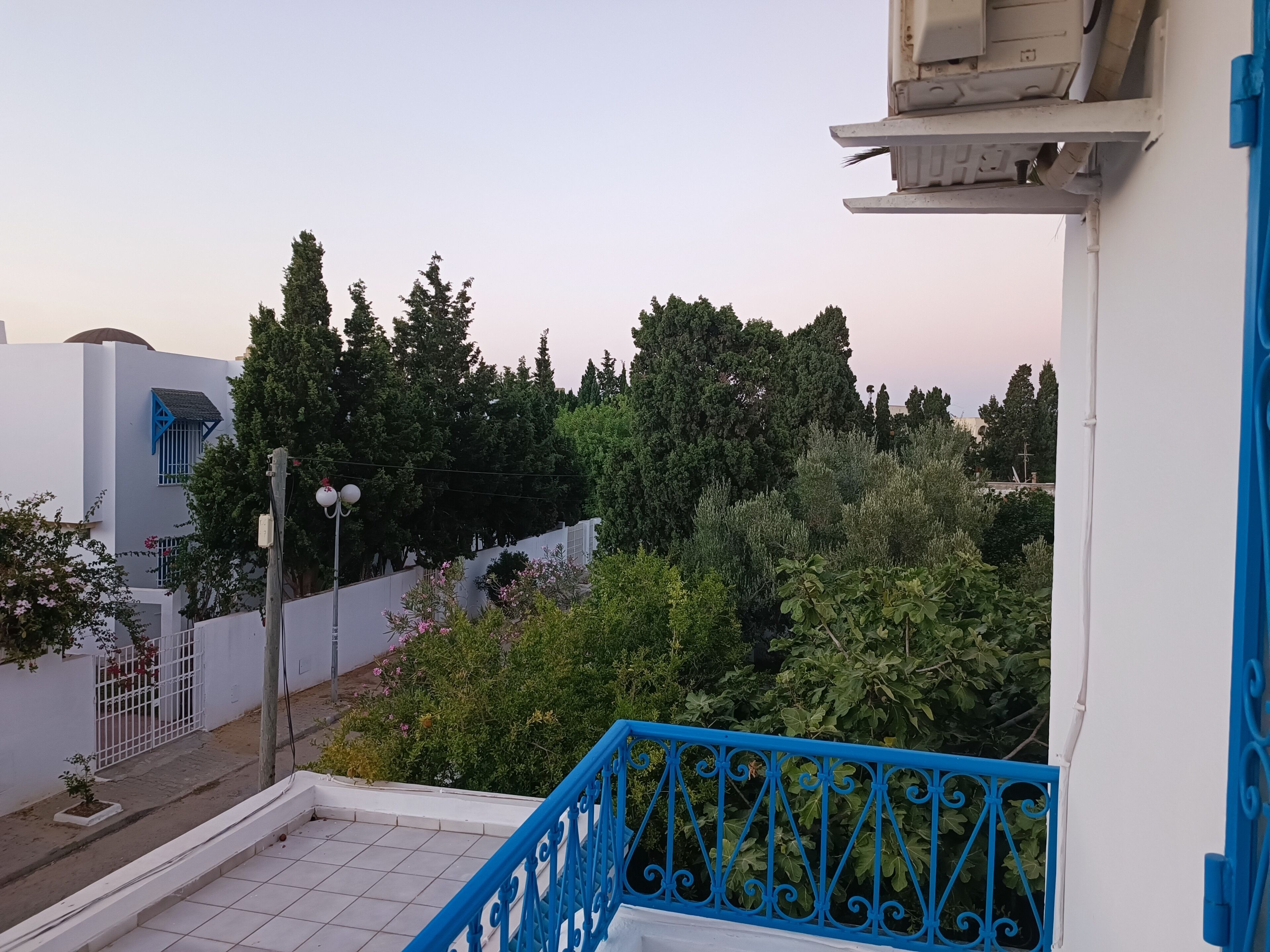 Un balcon avec une balustrade bleue donnant sur une rue et sur de la verdure.
