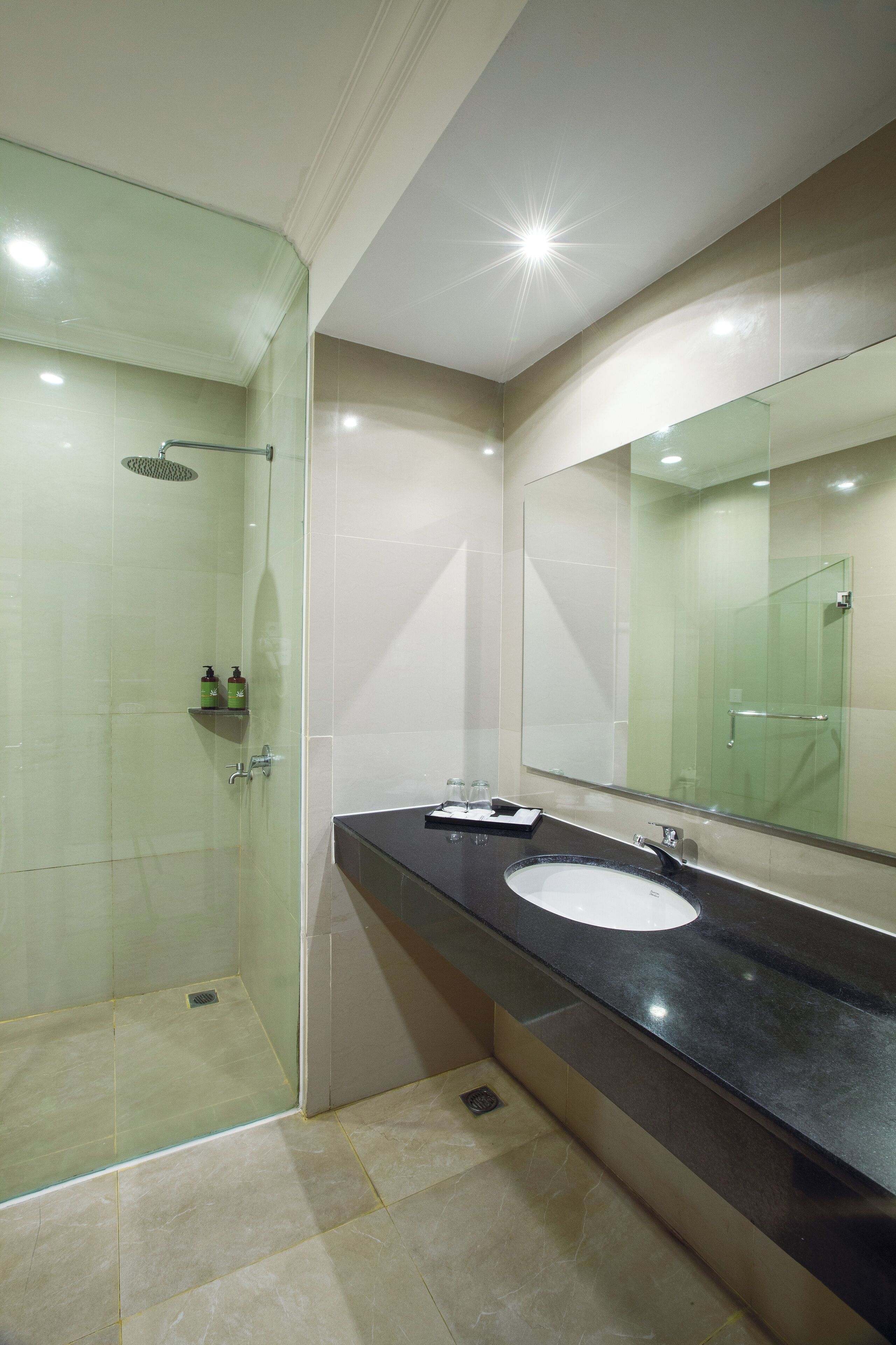 A modern bathroom with a glass-enclosed shower, a large mirror, and a black countertop.
