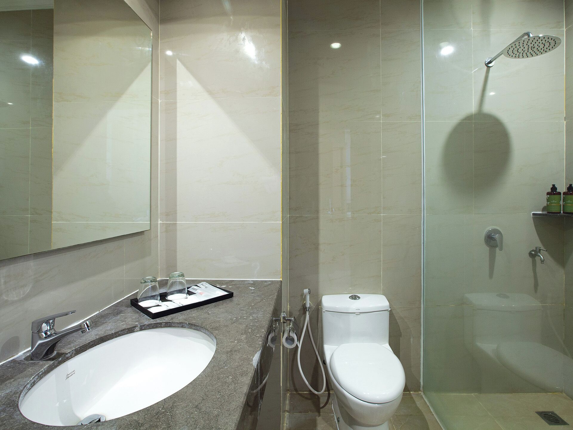 A bathroom with a sink, toilet, and shower.