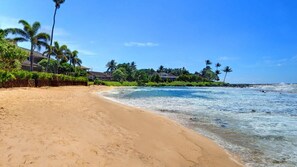 On the beach, sun-loungers, beach towels
