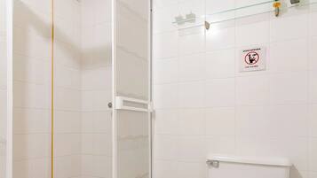 Shower, towels, soap, toilet paper