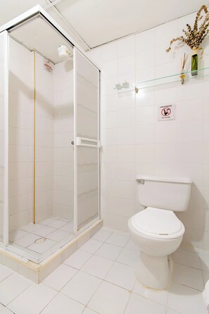 Regadera, toallas, jabón, papel de baño 
