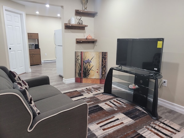 A living room with a gray sofa, a black entertainment unit with a TV, a patterned rug, and a kitchen in the background.
