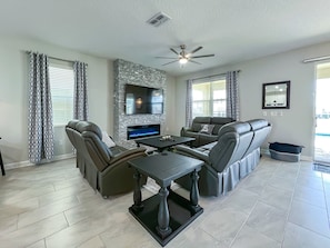 Smart TV, fireplace, video games, table football