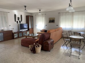 TV connectée, cheminée, baby-foot, livres