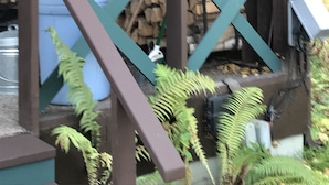 Une structure en bois surmontée d’un jardinière, un réservoir d’eau en métal et, au fond, une pile de bois de chauffage.