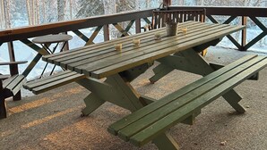 Un espace pique-nique abrité, avec un banc en bois et une table à pique-nique, entouré d’arbres couverts de neige.