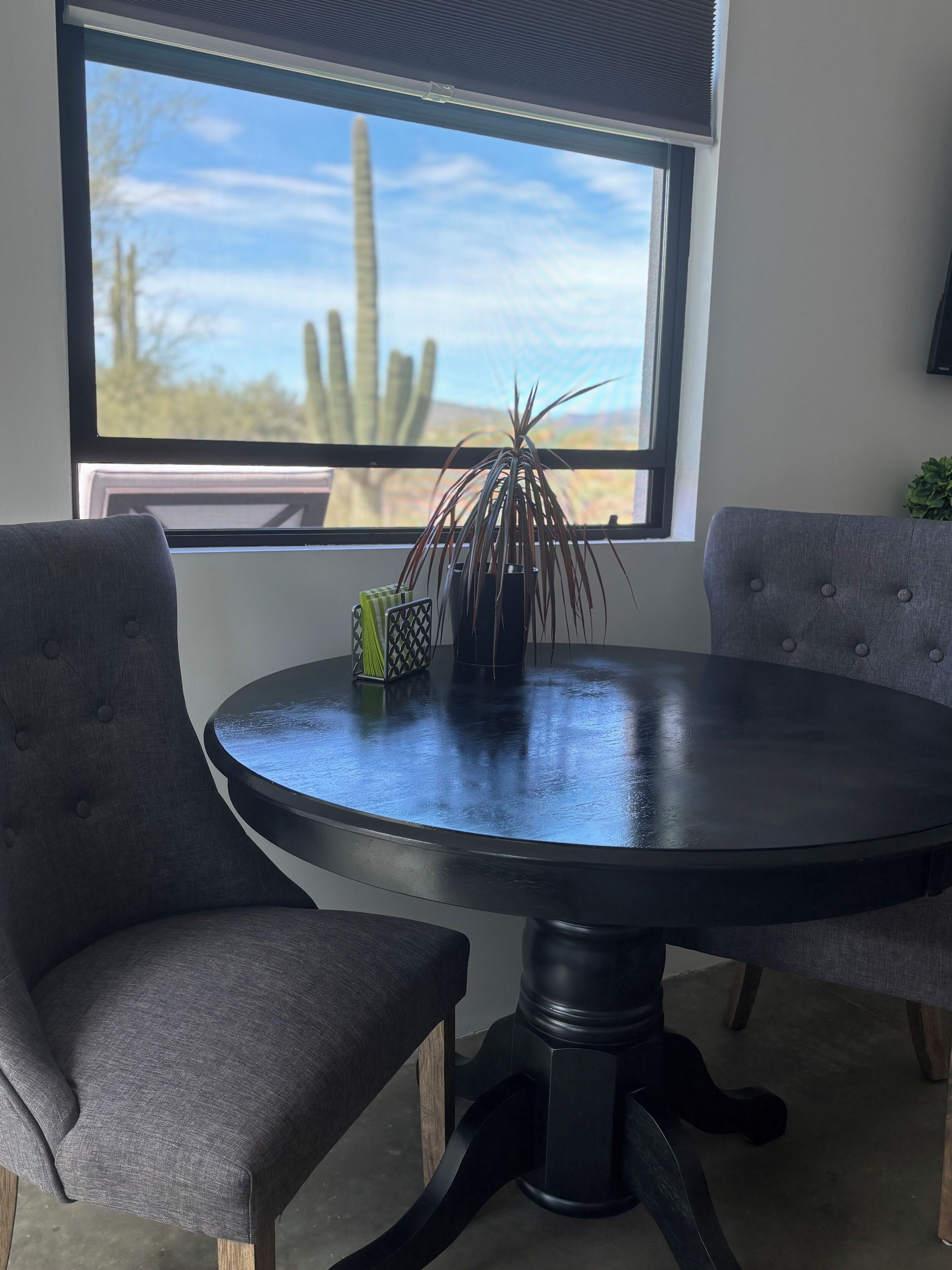 Zona pranzo con un tavolo rotondo, due sedie grigie rivestite e una finestra vista cactus e alberi.