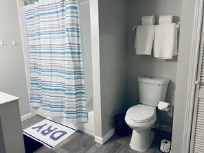 Combined shower/tub, hair dryer, towels, soap