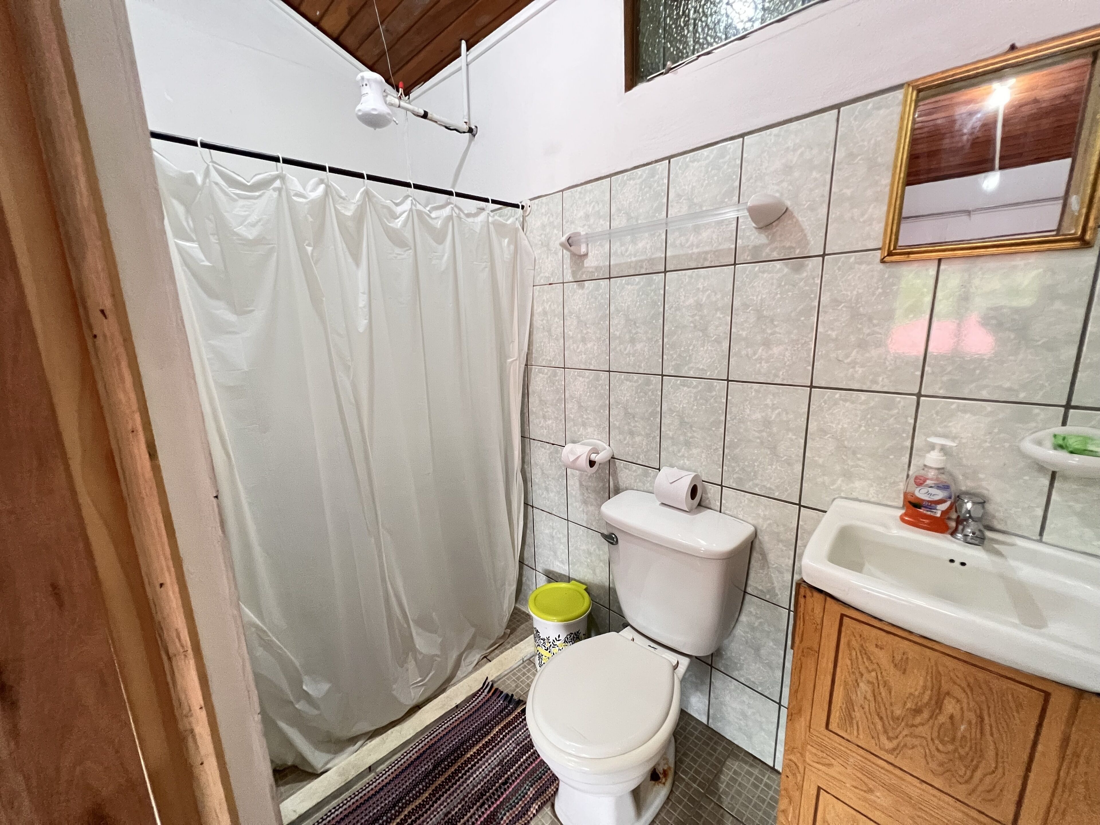 A bathroom with a shower curtain, toilet, sink, and a mirror.