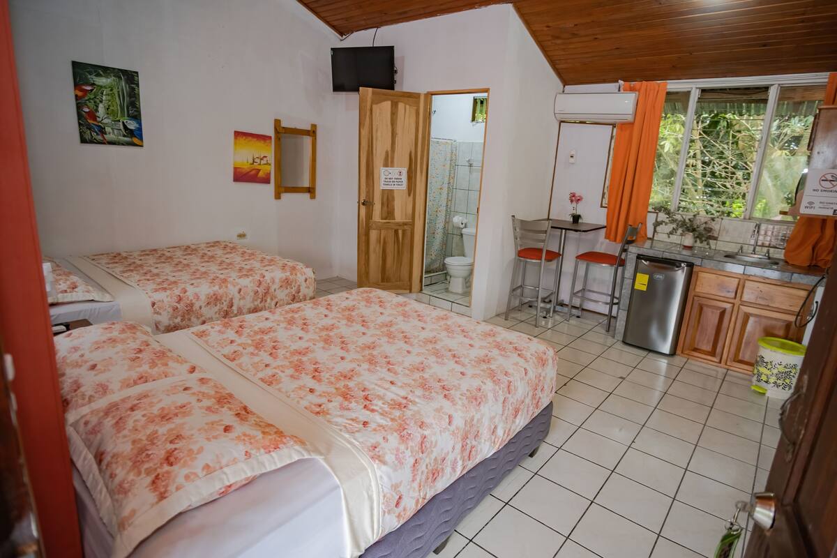 Une chambre avec deux lits, une petite kitchenette, une salle de bain avec douche et une fenêtre avec des rideaux.