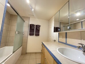 Combinazione doccia/vasca, asciugacapelli, asciugamani, sapone