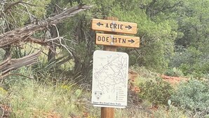 A wooden signpost with directional arrows and a map, surrounded by red soil and sparse vegetation.