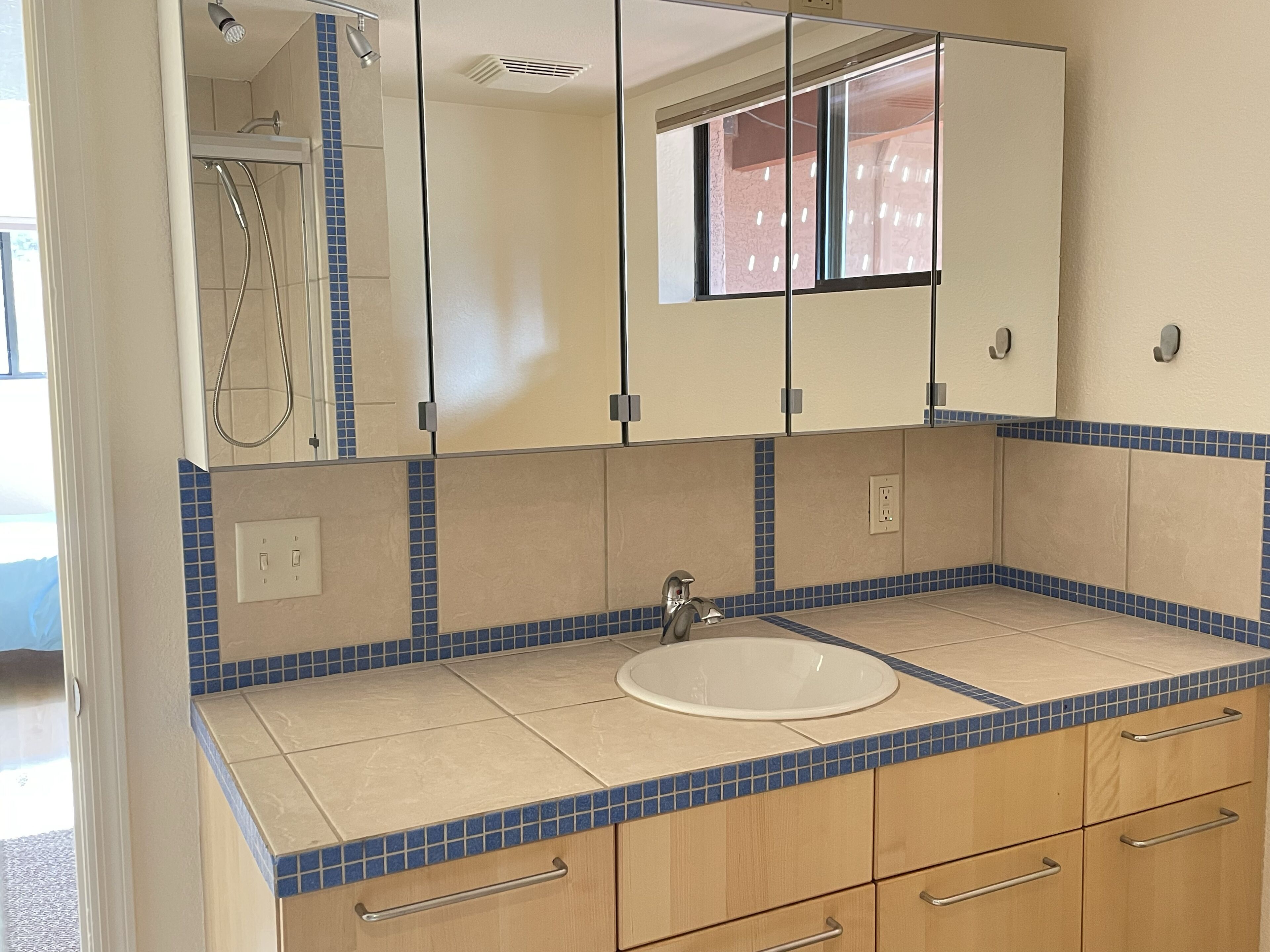 Een badkamer met een wastafel, spiegel en douche.
