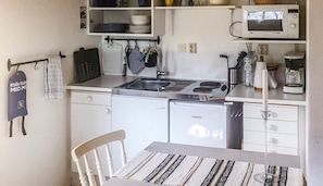 Kühlschrank, Herdplatte, Wasserkocher mit Kaffee-/Teezubehör