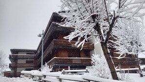 A modern building with a wooden facade and a sloped roof, surrounded by snow-covered trees and a wooden fence. - Cosy apartment for 5 guests with WIFI, hot tub and TV (Canazei)