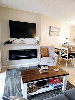 Smart TV, fireplace, DVD player, books