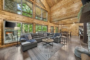 Smart TV, fireplace, books