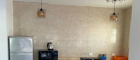 Fridge, microwave, stovetop, electric kettle