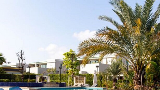 Una piscina con mosaicos azules, rodeada de palmeras y edificios modernos.