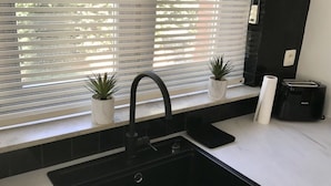 Une cuisine avec un évier noir, deux plantes en pot, un rouleau d’essuie-tout et un grille-pain.