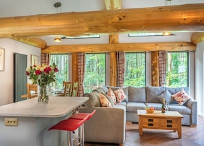 A cozy living room with a sofa, a dining area with a table and chairs, and large windows with curtains.