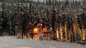 A log cabin surrounded by snow-covered trees. - EXCLUSIVE very private cabin on the golf course! (Panorama)