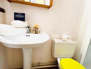 A bathroom with a white sink, a toilet, and a yellow bath mat.