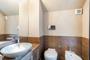 Shower, hair dryer, bidet, towels