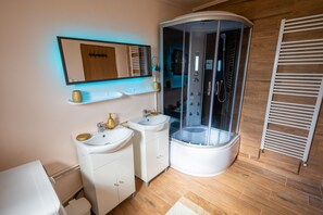 Shower, hair dryer, bidet, towels