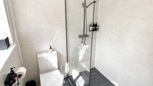 A modern bathroom with a glass-enclosed shower, a toilet, and a sink. - Seaside Cabin Retreat in Hayling Island (Hayling Island)