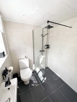 A modern bathroom with a glass-enclosed shower, a toilet, and a sink.