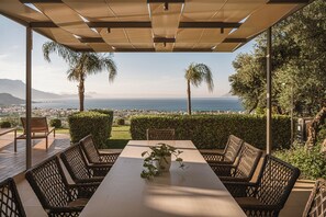 A covered outdoor dining area with a table, chairs, and a potted plant.