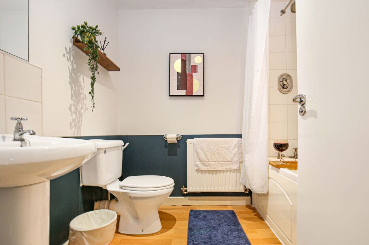 A bathroom with a white sink, toilet, and bathtub. There is a blue rug on the floor and a plant on a shelf.