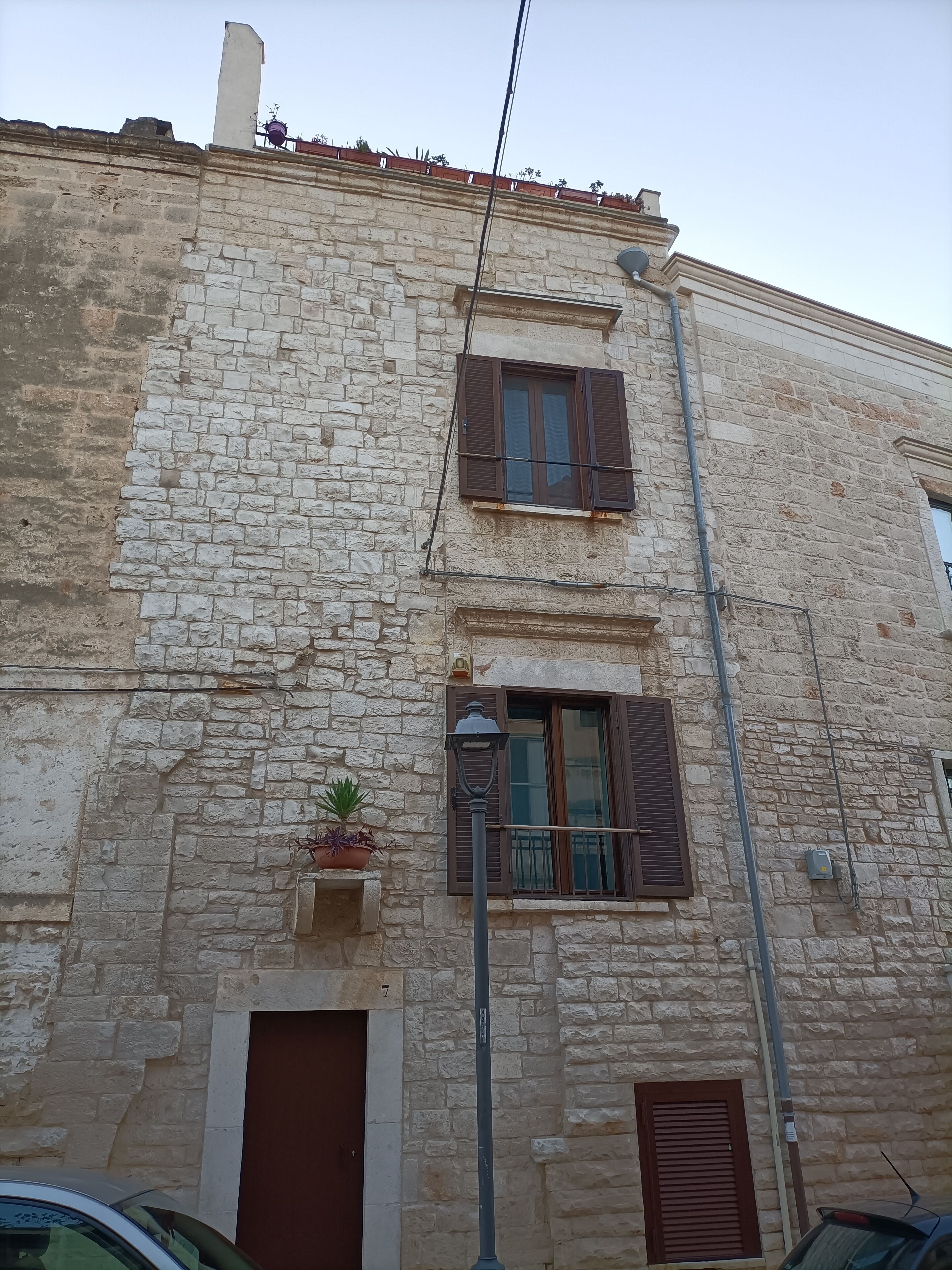 A stone building with two windows, a door, and a small plant on the wall.