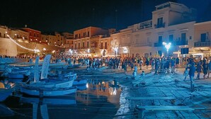 A bustling square with boats docked along the waterfront, surrounded by historic buildings with balconies and outdoor seating areas. - Mary's Niche (Bisceglie)