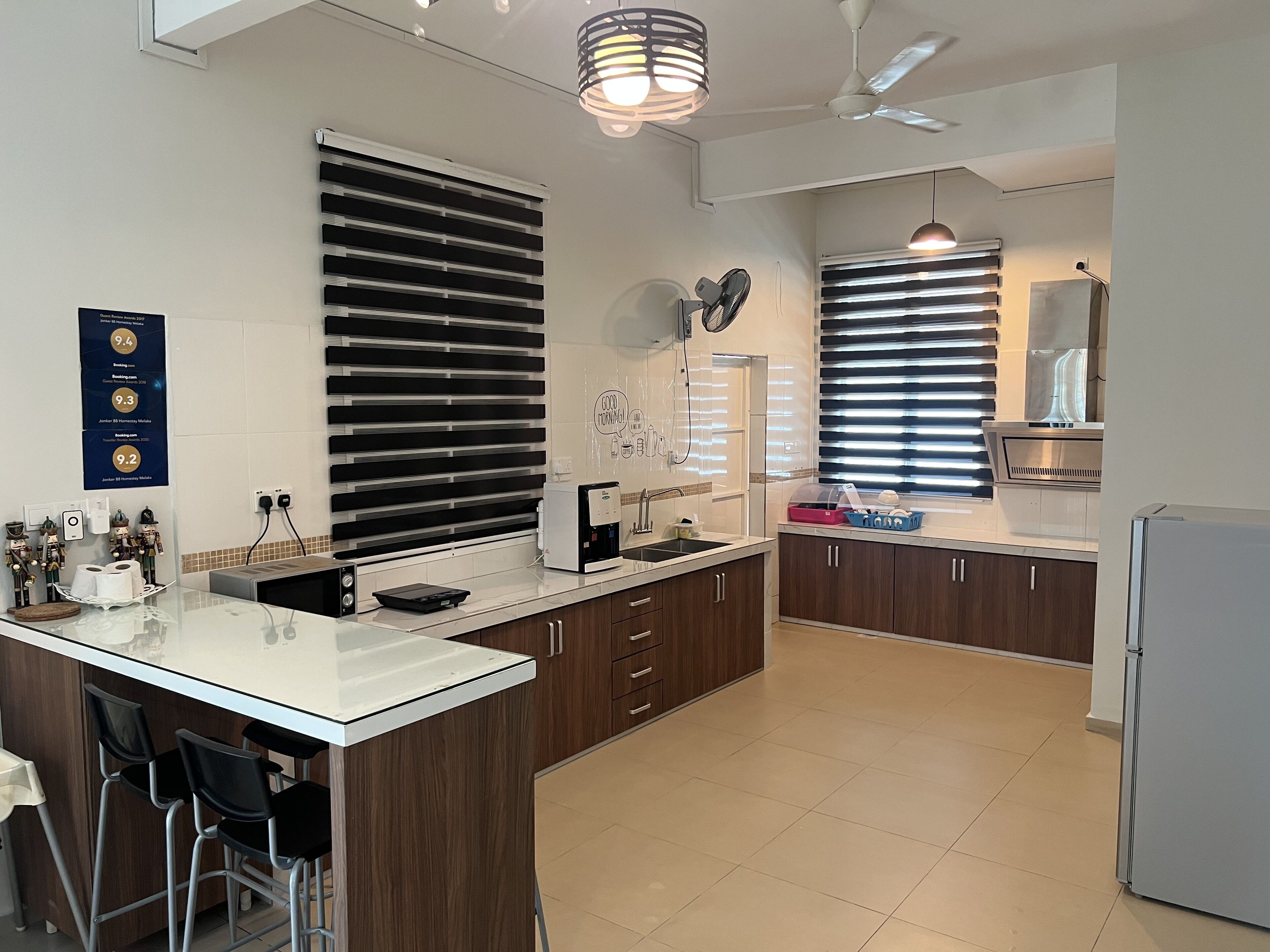 Fridge, microwave, cookware/dishes/utensils