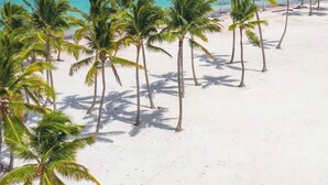 A beach with white sand and palm trees, leading to a turquoise sea under a clear sky.